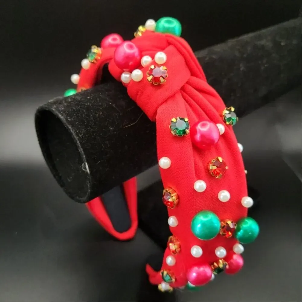 Red Christmas Color Baubles Fabric Knotted Headband Adult Size Holiday